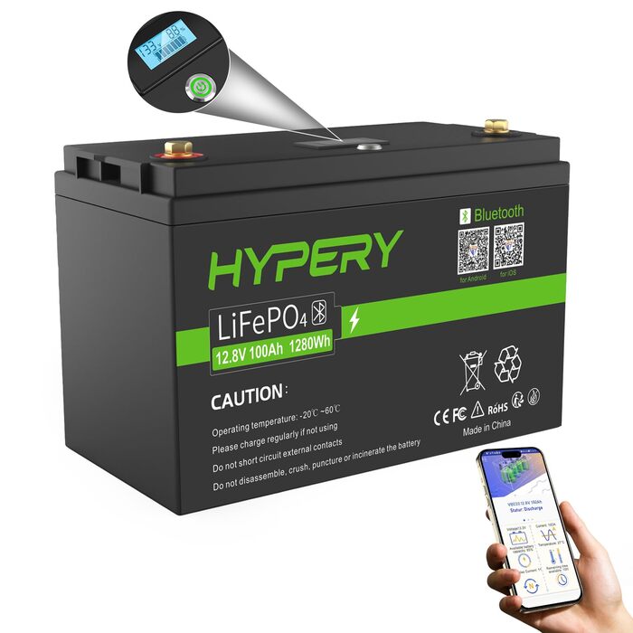Розумний акумулятор 12V 100Ah LiFePO4 з Bluetooth, світлодіодним дисплеєм, вимикачем запуску та BMS, ідеальний літієвий акумулятор для автофургонів, гольф-карів, човнів та домашніх накопичувачів енергії. Розумний 12V 100AH Bluetooth