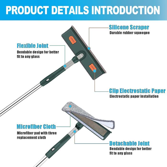 Склоочисник 2-в-1, професійний очищувач вікон з телескопічною ручкою, телескопічний омивач вікон 210 см, інструменти для миття скла для високих вікон всередині та зовні