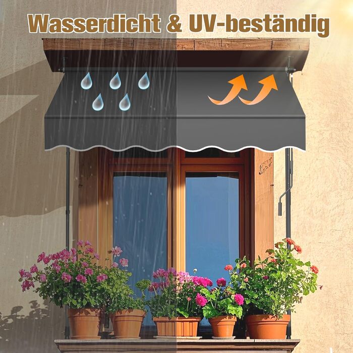 Тент з кріпленням на затискачі та ручним приводом, ширина 150 см, балконний тент з ручним регулюванням висоти без свердління, захист від ультрафіолету, сонцезахисний козирок, водонепроникний для використання на вулиці, для патіо, балкону, саду, антрацит