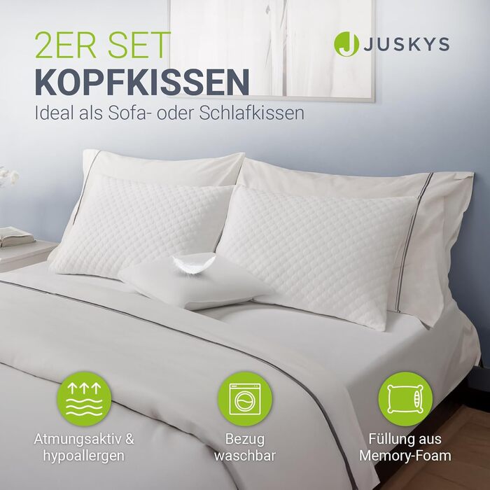 Комплект подушок Juskys з 2 шт. , 40x60 см Подушки з піни з ефектом пам&39яті з дихаючим наповнювачем та чохлом, який можна прати Білий 40 x 60 см