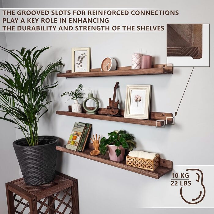 Настінна полиця ручної роботи 90 см, дерев&39яна настінна полиця, комплект з 3 предметів, підвісна полиця, настінна полиця, сучасна плаваюча полиця, вузька рейка для картин для ванної кімнати, вітальні, кухні, спальні (горіх) 91,5 x 15,5/12,8/10 см (компл
