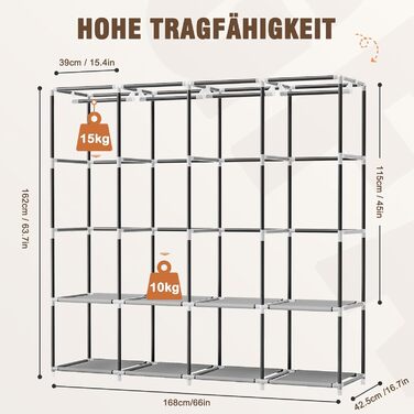 Шафа, тканинна шафа з 4 рейками для одягу, міцна та з 8 відділеннями, складна гардеробна шафа для зберігання одягу в гардеробній спальні (сіра)