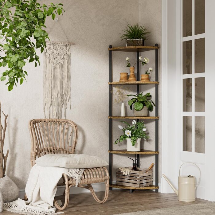 Кутова полиця Ruichang, стояча, 5 ярусів, книжкова полиця, окремостояча полиця, полиця для зберігання, стелаж для кухні, ванної кімнати, вітальні, офісу, 143,5 x 29 x 29 см, чорний