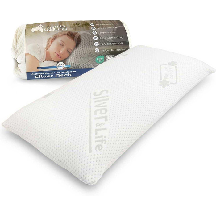 Ортопедична подушка для шиї Silver Neck - в&39язкопружна подушка, подушка з піни з ефектом пам&39яті з чохлом Silver & Life - 70x34 см - висота 13 см 70 x 34 см, висота 13 см