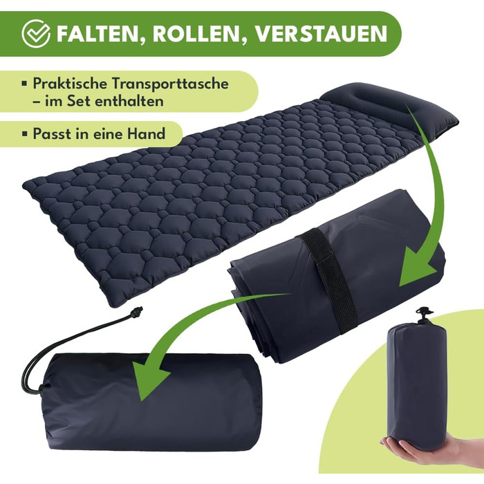 Надувний матрац для кемпінгу з подушкою 190x60 см, надлегкий килимок для сну, товщина 5 см, вантажопідйомність 100 кг, надувний матрац для кемпінгу, трекінгу, активного відпочинку, пляжу, складається з сумкою