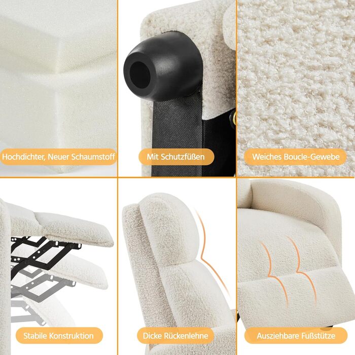 Крісло для відпочинку Yaheetech, крісло для телевізора, одномісний диван, реклайнер з регульованою підставкою для ніг, крісло для відпочинку з тканини букле, кольору слонової кістки.