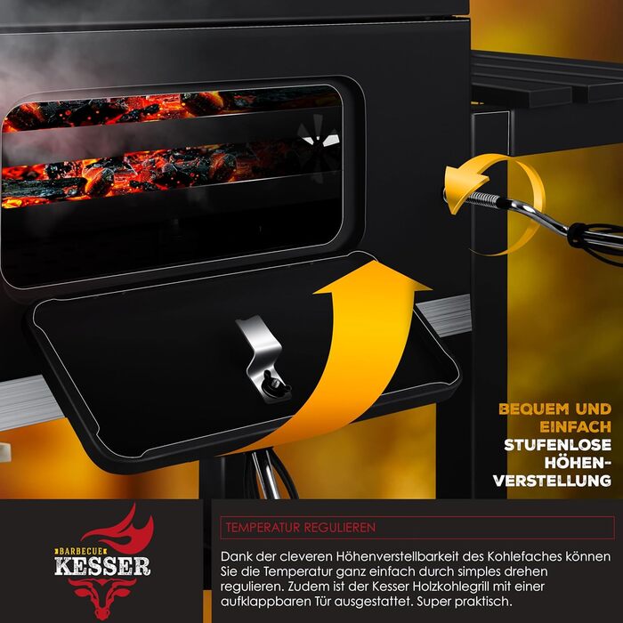 Вугільний гриль KESSER BBQ Smoker XL з кришкою, колесами, ручкою з нержавіючої сталі, термометром, решіткою для гриля, щіткою, кришкою, 8 шампурами з пакетом і силіконовою щіткою, окремо стоячим грилем, візком для вугільного гриля