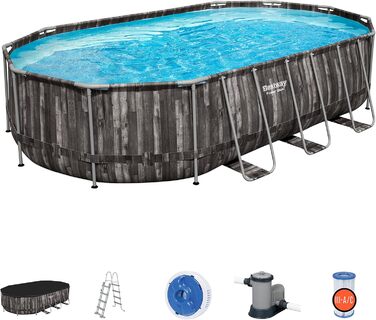 Басейн Bestway Power Steel Frame Pool Complete with Filter Pump 610 x 366 x 122 см, Wood Look (Bog Oak), Oval