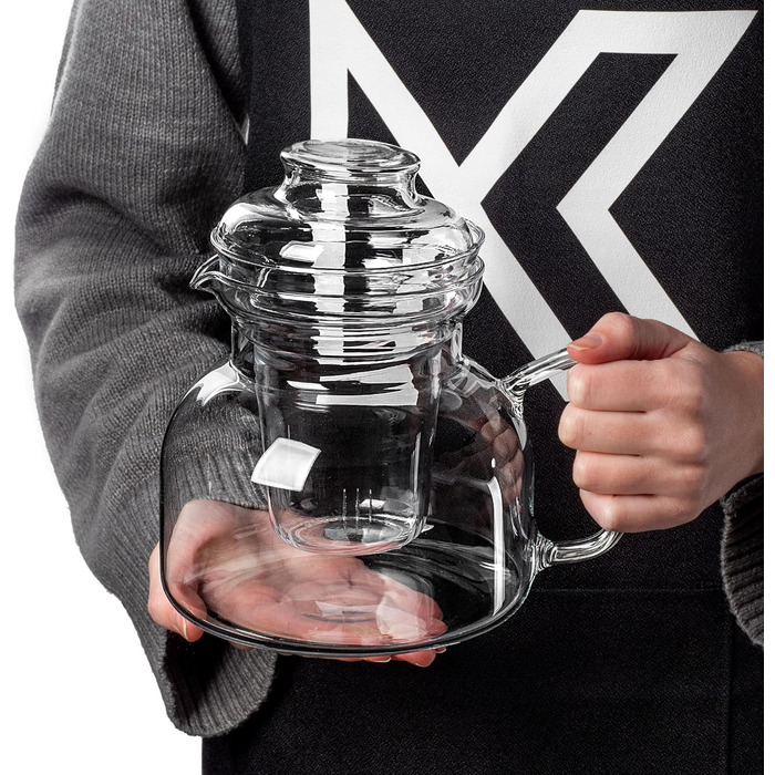 Заварник скляний 1.5л з підставкою та ситечком, чайник з термоізолятором, скляний чайник з фільтром для розсипного чаю, чайний сервіс (з ситечком) 1.5л