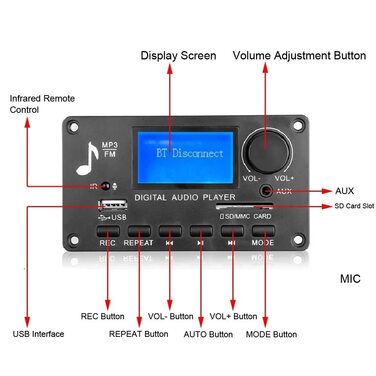 Плата декодера Bluetooth, плата декодера постійного струму Bluetooth 5.0 MP3 постійного струму 12 В, плата автомобільного підсилювача потужності з пультом дистанційного керування, MP3 WMA WAV FLAC APE