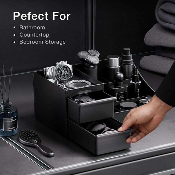 Чорний косметичний органайзер для чоловіків, органайзер для туалетного столика з шухлядами, місце для зберігання косметики та одеколону, скринька для ванної кімнати та спальні (матово-чорний)