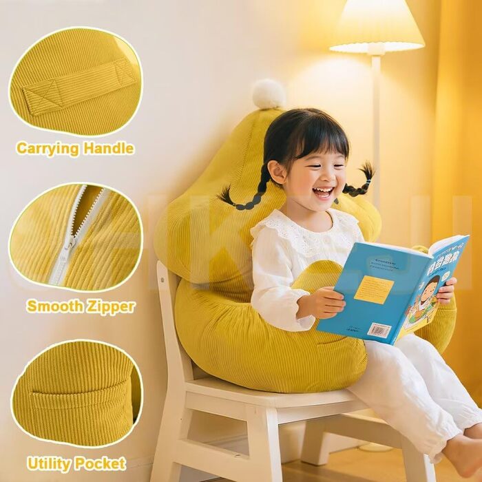 Дитяча подушка для читання на ліжко та диван, жовта вельветова спинна подушка з підлокітниками та кишенями, переносна подушка для ліжка, подушка для підтримки спини зі знімним чохлом, який можна прати, 53x38x58 см, жовтий.