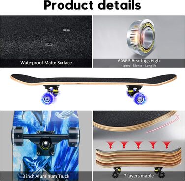 Повний скейтборд Blau-Shark 78.7 x 20.3 см - 8-шарова дека з клена, ABEC-11 підшипники, блискучі PU колеса, для дітей, підлітків та дорослих, блакитний акула дизайн