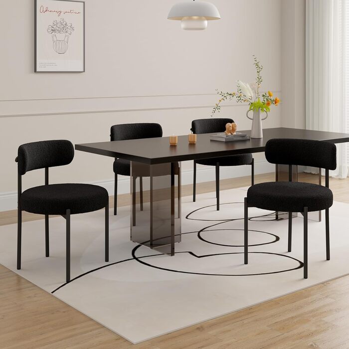 Обідні стільці, комплект з 4 шт. Круглі стільці з букле з тканини Teddy Кухонні стільці з м&39якою оббивкою в стилі середини століття Обідні стільці з металевими ніжками Чорний FU01031BL-4 Комплект з 4 чорних