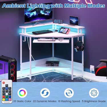 Комп&39ютерний стіл FANTASK L-подібної форми зі світлодіодним підсвічуванням, кутовий стіл з підставкою для клавіатури та монітора, компактний стіл для дому та офісу (білий)