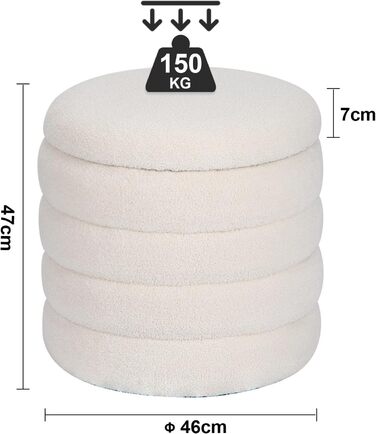 Круглий стілець для зберігання речей з плюшевої тканини - м&39який стілець, круглий туалетний столик для вітальні, спальні та коридору, Ø 46 x 47 см, білий 46x46x47 см