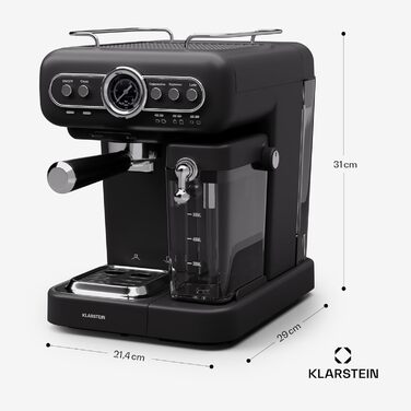 Кавоварка Klarstein Espresso Portafilter з піноутворювачем, міні-еспресо-машина 1.2 л з портафільтром, кавомашина потужністю 1350 Вт маленька кавоварка з нержавіючої сталі для капучино, латте та макіато Black Espressionata evo milk