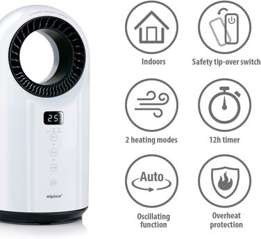 Електричний вентилятор Alpina 1500 Вт Радіатор з таймером та пультом дистанційного керування Коливальний обігрівач з функцією охолодження та обігріву 18 x 18 x 37 см, Білий