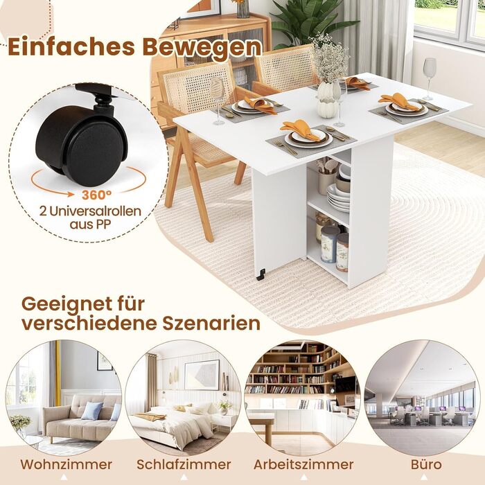 Розкладний обідній стіл на 2 колесах, Мобільний розкладний обідній стіл з 2-рівневою полицею та шухлядою (білий)