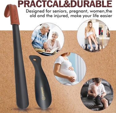 Металевий ріжок для взуття ZOMAKE Набір з 2 - 42 см чорний довгий ріжок для взуття з нержавіючої сталі зі шкіряним ремінцем, 19 см