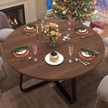 Круглий обідній стіл LVB, сучасні кухонні столи з дерева та металу, невеликий обідній стіл у промисловому стилі для 4-6 осіб, коло, журнальні обідні столи для дому, кухні, вітальні, горіх, 130 см (130 130 75 см)