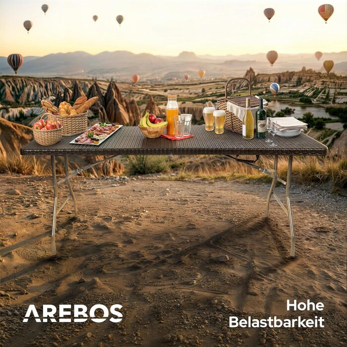 Складаний фуршетний стіл Arebos 182 x 74 x 74 см з ротанга, водонепроникний садовий стіл, стіл для вечірок, розкладний стіл для саду, патіо та балкону 8 осіб Кемпінговий стіл з ручкою для перенесення Чорний