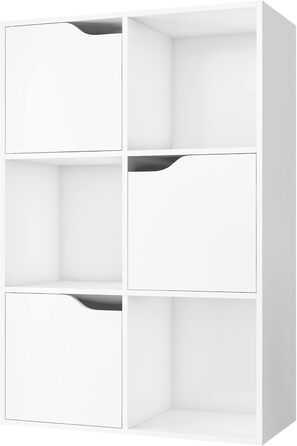 Книжкова полиця FirFurd, біла полиця, книжкова шафа з 3 дверцятами, полиця для зберігання з 6 відділеннями, офісна полиця для вітальні, кабінету, дитячої кімнати, 60 x 29 x 90 см