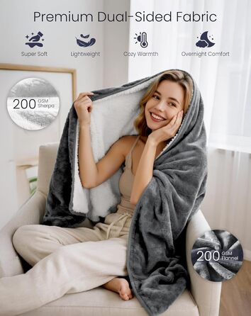 Ковдра з підігрівом anysun, нагрівальні подушечки 200x180 см, ковдра з підігрівом та автоматичним вимкненням, 6 налаштувань нагріву, 10-годинний таймер, електрична ковдра з підігрівом та захистом від перегріву для ліжка, дивана, можна прати в пральній маш