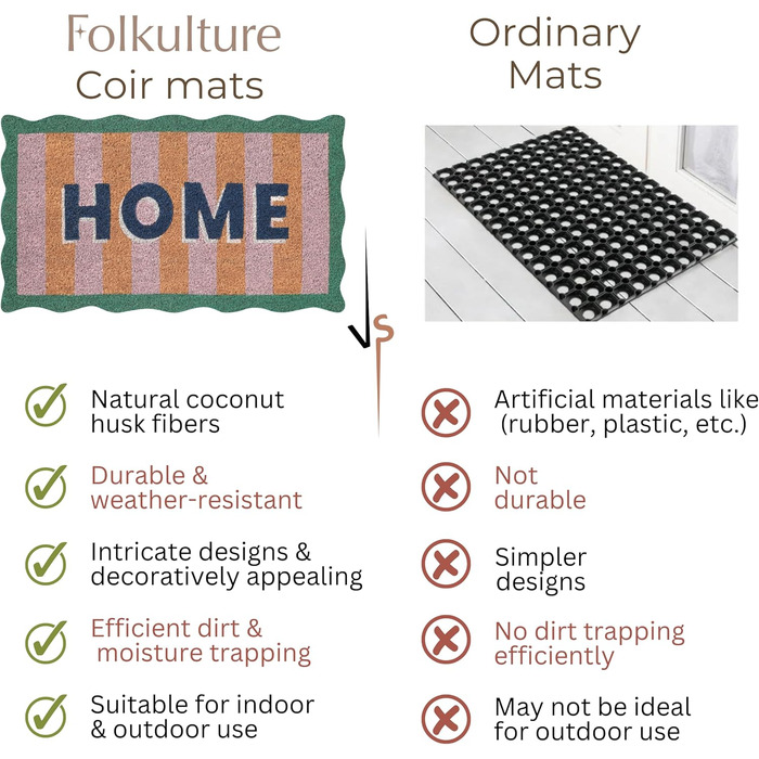 Килимок для дверей Folkulture (40 x 70 см) Нековзний килимок з койри, килимок для вловлювання бруду, вітальний килимок для входу в будинок, килимок для передніх дверей Килимки для вхідної зони, аксесуари для дому Домашній гребінець 41 x 71 см (прямокутний
