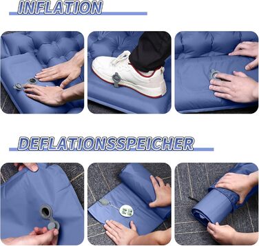 Килимок для кемпінгу для 2 осіб, 200x135 см, надлегкий, надувний матрац, килимок для сну з ножним насосом, складний килимок для сну з подушкою, темно-синій, двоспальний