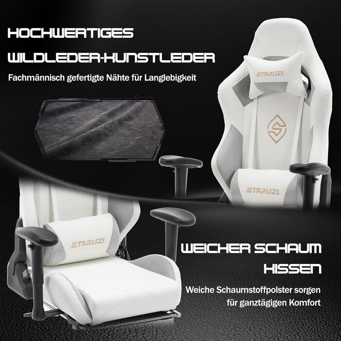 Ігрове крісло, біла шкіра, ігрове крісло з мікрофібри з підставкою для ніг, гоночне ігрове крісло з регульованими підлокітниками, поперекова подушка, підголівник, вантажопідйомність 180 кг, штучна замша - сталеві ніжки, білі