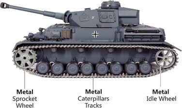 Модель німецького танка Panzerkampfwagen IV, масштаб 1/16, радіокерування 2,4 ГГц (Модифікована версія TK6.0) поворотна вежа на 360 градусів, сталеві шестерні, акумулятор NiMH 3800 mAh, металеві гусениці, зірочки та напрямні колеса.
