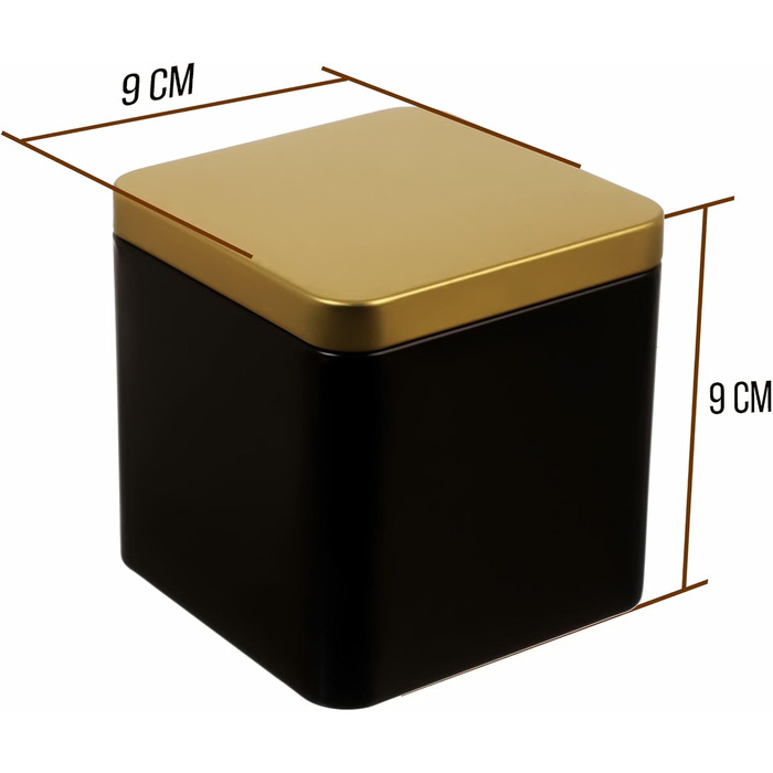Благородна квадратна банка для чаю/банка для зберігання, чорне золото, металева ароматоізоляційна для 150 г чаю кожна 9 x 9 x 9 см (В, Ш, Г) Також ідеально підходить як баночка для спецій, 6 шт.