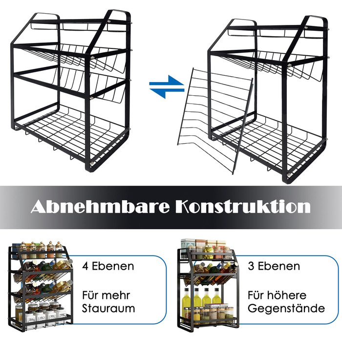 Постійна полиця для спецій, 4 яруси, металева полиця для спецій, не потребує свердління, підставка для спецій, тримач для спецій, органайзер для банок для спецій з 8 гачками, кухонна полиця для зберігання спецій - тип A