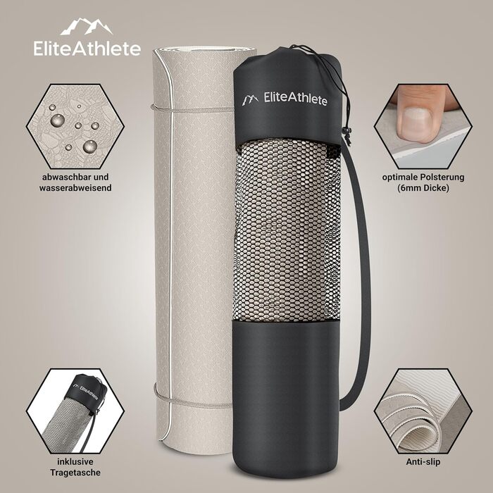 Килимок для йоги EliteAthlete - Килимок для вправ - Килимок для фітнесу - М&39який та нековзний гімнастичний килимок для фітнесу, пілатесу - Килимок для йоги - 183 см x 61 см x 0,6 см - Килимок для тренувань, включаючи ремінь для перенесення сумку Light C