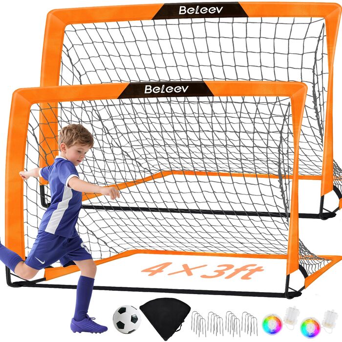 Дитячі футбольні ворота BELEEV для саду 4x3/6x4 фути, високоякісний портативний складний комплект футбольних воріт зі світлодіодними ліхтарями, скловолокнистими стійками, сумкою для перенесення, для тренувань у приміщенні та на відкритому повітрі, подарун