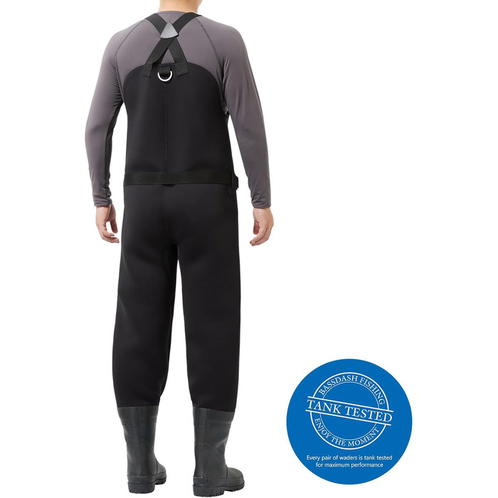 Чоловічі неопренові вейдерси BASSDASH чорного кольору з очеретяним камуфляжем для риболовлі, полювання з гумовими чоботями, водонепроникними нагрудниками, чорними черевиками, розмір 8