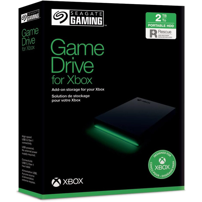 Портативний зовнішній жорсткий диск Seagate Game Drive Xbox 2TB, 2.5 дюйма, USB 3.0, Xbox, чорний, 2 роки служби порятунку, номер моделі STKX2000400