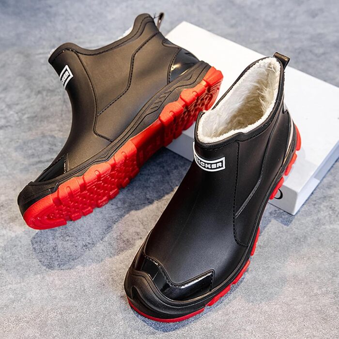 Водонепроникні гумові чоботи Pangolin з теплою підкладкою, чоботи-челсі з ПВХ для саду та щоденного використання, нековзка гумова підошва з протектором, короткі гумові чоботи для жінок та чоловіків, чорно-червоні, розмір ЄС 40