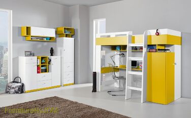 Ліжко-горище/двоярусне ліжко, композиція MOBI System 20 з письмовим столом і шафою. Комплект дитячих меблів. (білий/жовтий)
