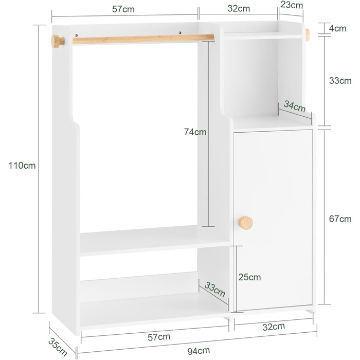 Дитяча шафа SoBuy з 2 гачками, Дитяча шафа, Шафа для дитячої кімнати, Дитяча вішалка для одягу, Дитяча полиця, Дитяча кімната, Білий, 94x110x35 см, KMB110-W