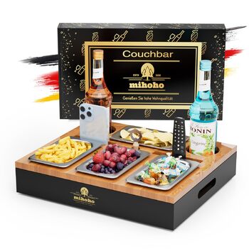 Барна стійка для дивана, органайзер для бічних/журнальних столиків, дерев&39яна барна стійка для дивана як подарунок до пива для чоловіків, піднос для дивана з чотирма мисками для закусок та кількома місцями для зберігання (чорний)