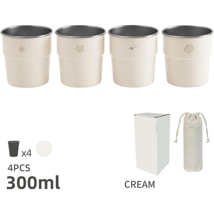 Набір із 4 шт. абельованих туристичних кухлів з нержавіючої сталі об&39ємом 300 мл, кухлі з нержавіючої сталі 304 для кемпінгу, походів та пікніків, зелений, кремовий, білий, чорний та темно-синій кольори