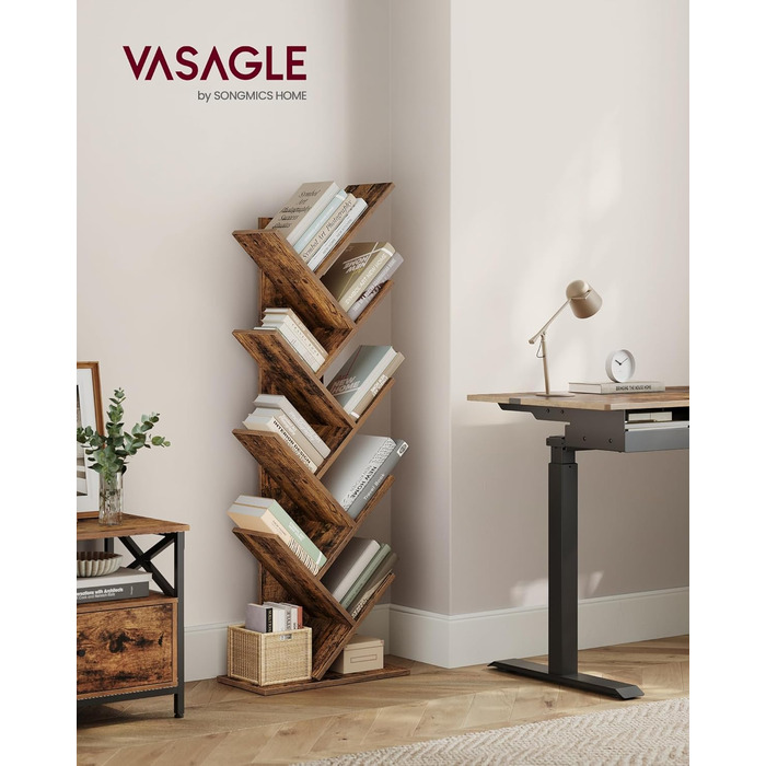 Книжкова полиця VASAGLE у формі дерева, 9-ярусна окремостояча полиця, компактна кутова полиця, полиця для зберігання речей у спальні, вітальні, домашньому офісі, вінтажний коричневий колір LBC11BX 9 ярусів (25 Г x 50 Ш x 141,5 В см) вінтажний коричневий к
