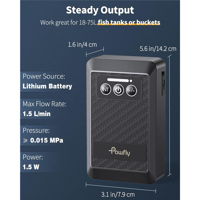 Акваріумний повітряний насос Pawfly з літієвою батареєю, USB-акумулятор, кисневий насос для акваріума 20-500 л, портативний тихий аератор для живої приманки для риболовлі на свіжому повітрі та відключення електроенергії