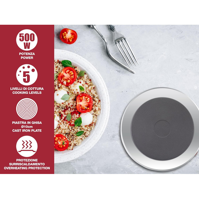 Електрична варильна плита з чавуну/нержавіючої сталі, 5 рівнів горіння, одинарна плита, кемпінгова плита з пластиною 10 см, 500 Вт, 101PIA003 -