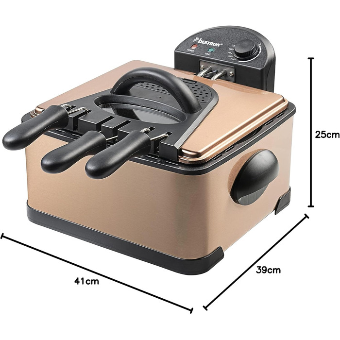 Олійна фритюрниця Bestron XL з 3 кошиками для смаження, включаючи технологію холодної зони та знімний контейнер для олії, 4 літри, можна мити в посудомийній машині, 2000 Вт, нержавіюча сталь, колір мідь