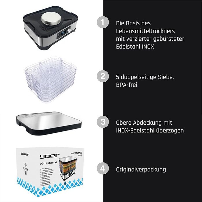 Дегідратор, 450 Вт, 4000 см2, таймер на 24 години, LED-дисплей, нержавіюча сталь INOX, без BPA, модульна конструкція, дегідратор для їжі, грибів, фруктів, м'яса, риби, овочів, 01S