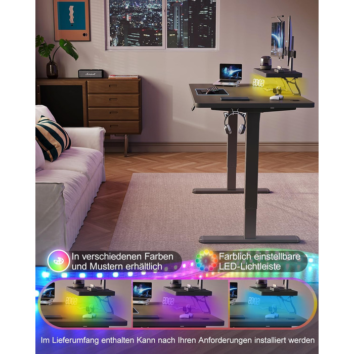 Стіл Airfish з регульованою висотою 120 x 60 см зі світлодіодним освітленням, електрично регульований по висоті стіл зі знімним кріпленням для монітора, регульований стіл для домашнього офісу та ігор, чорний 120 x 60 см