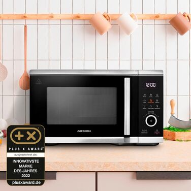 Мікрохвильова піч MEDION з функцією фритюрниці (25 літрів, 1 500 Вт гаряче повітря, мікрохвильова піч 900 Вт, 9 автоматичних програм, кнопка попкорну, функція розморожування, LED-дисплей, MD11499)